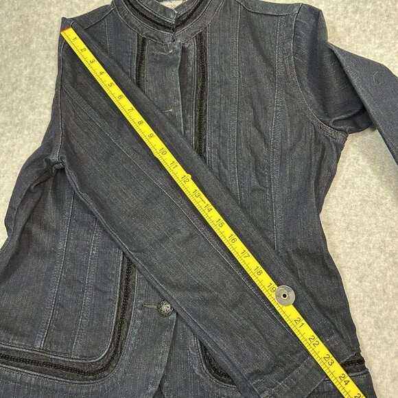 CHICO'S Jacket Sz 1 Black Velvet Lace Trim Stretch Denim Flared Waist Buttons - Picture 12 of 12